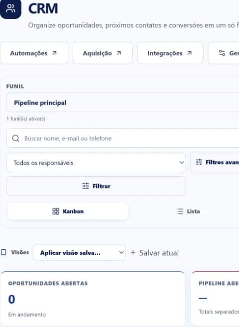 Captura real do CRM com seleção de funil, filtros, visões e nenhuma oportunidade cadastrada; recorte para leitura em tela menor