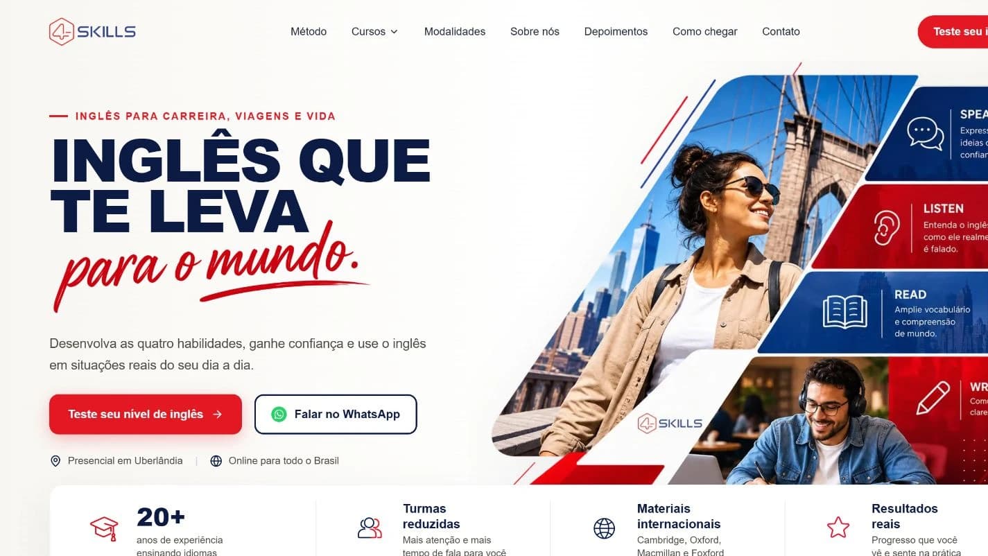 Site real da 4Skills Idiomas: identidade da escola, apresentação dos cursos e chamadas para teste de inglês e contato.