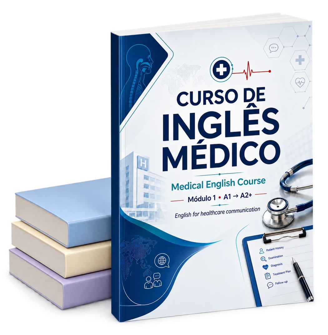 Mockup ilustrativo de livro de Inglês Médico, criado a partir da capa real, com materiais de apoio.