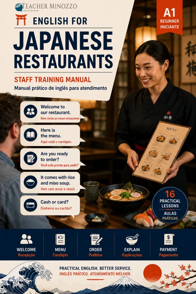 Capa real do material English for Japanese Restaurants.