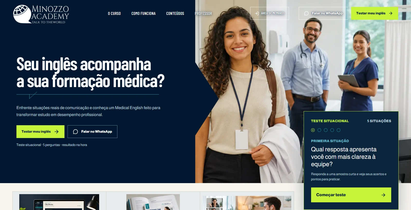 Site real da Minozzo Academy com a apresentação do Medical English e a headline Seu inglês acompanha a sua formação médica?